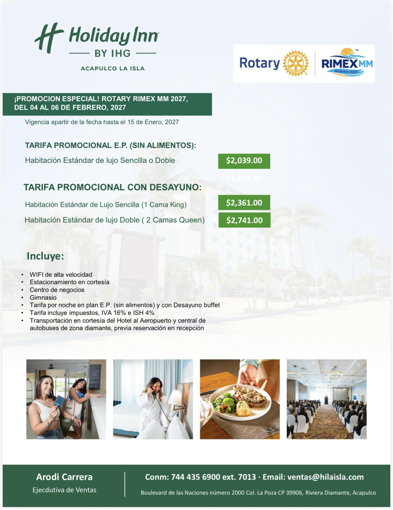 Flyer de tarifas del Holiday Inn Acapulco La Isla para RIMEX MM 2027: habitación estándar de lujo sencilla o doble sin alimentos $2,039.00; con desayuno buffet sencilla $2,361.00 y doble $2,741.00.