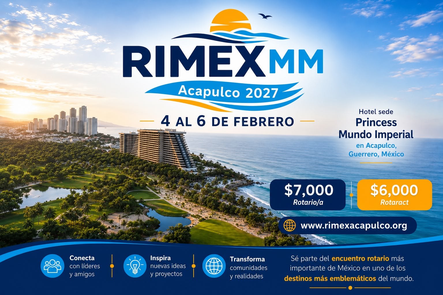 Gráfico oficial de RIMEX MM Acapulco 2027: fechas, hotel sede y cuotas de $7,000 rotario y $6,000 Rotaract